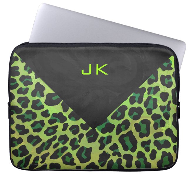 Leopard Black och Grönt med Monogram Laptop Fodral (Framsidan)