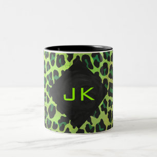 Leopard Black och Grönt med Monogram Två-Tonad Mugg