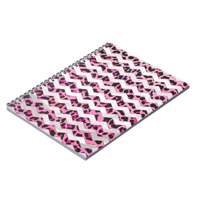 Leopard Black och Shock rosa Chevron Print Anteckningsbok Med Spiral (Vänstra Sidan)