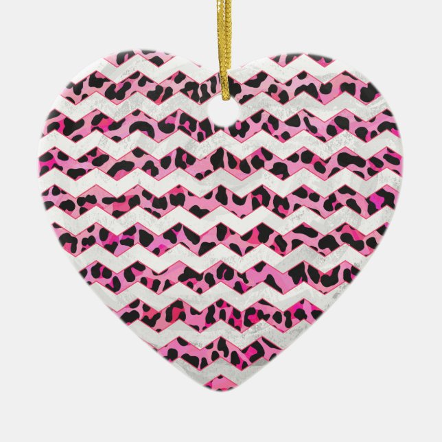 Leopard Black och Shock rosa Chevron Print Julgransprydnad Keramik (Framsidan)