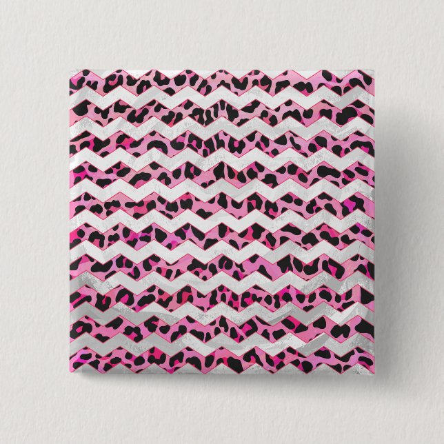 Leopard Black och Shock rosa Chevron Print Knapp (Framsida)