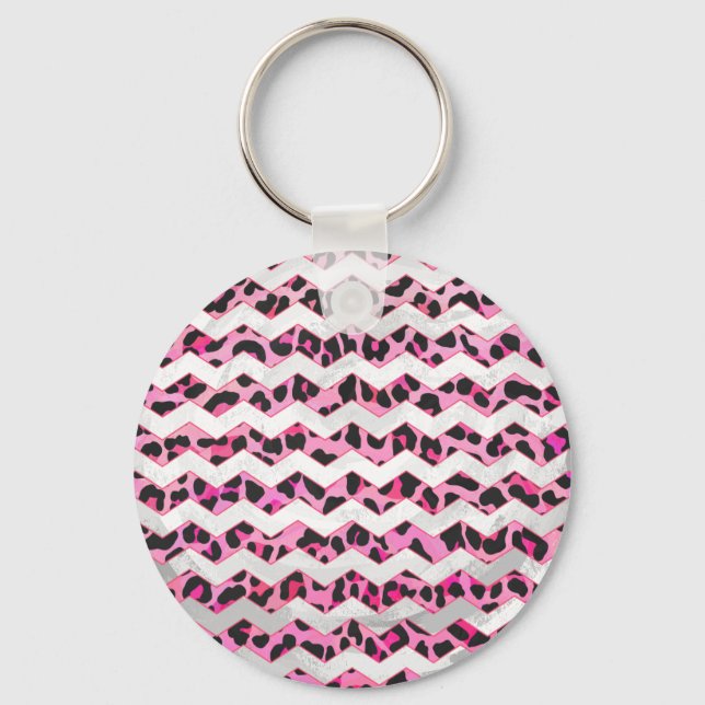 Leopard Black och Shock rosa Chevron Print Nyckelring (Framsida)