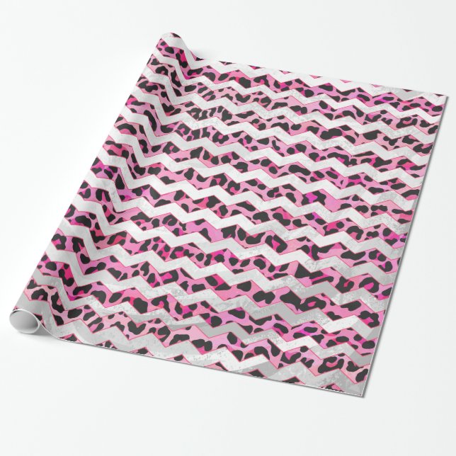 Leopard Black och Shock rosa Chevron Print Presentpapper (Utrullad)