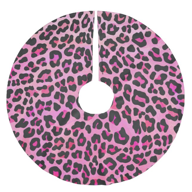 Leopard Black och Shock rosa Print Julgransmatta Borstad Polyester (Framsidan)