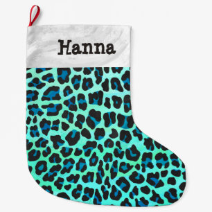 Leopard Black och Teal Stor Julstrumpa