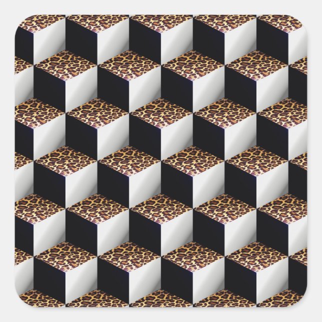 Leopard Black White Shaded 3D Titta på kuber Fyrkantigt Klistermärke (Framsida)
