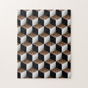 Leopard Black White Shaded 3D Titta på kuber Pussel