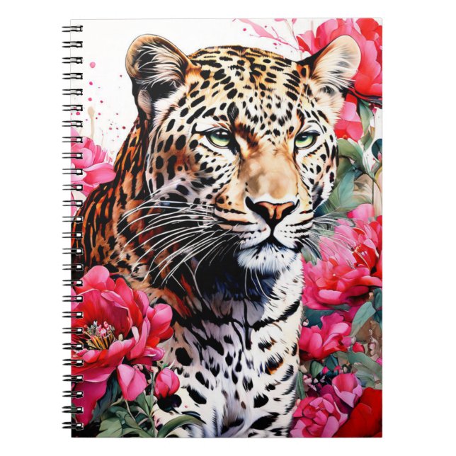 Leopard Bland Rosa Peonie Blommor Anteckningsbok J (Framsidan)