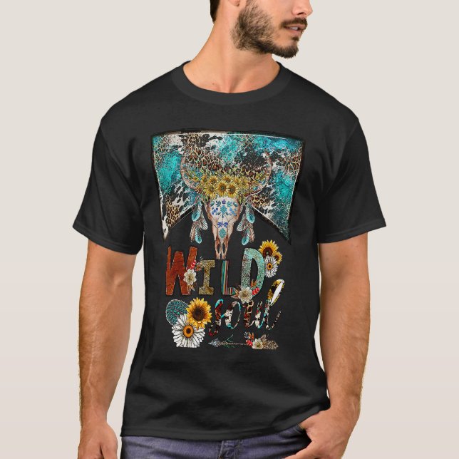 Leopard Boho Bull Skull Wild Soul Hippie Western C T Shirt (Framsida)