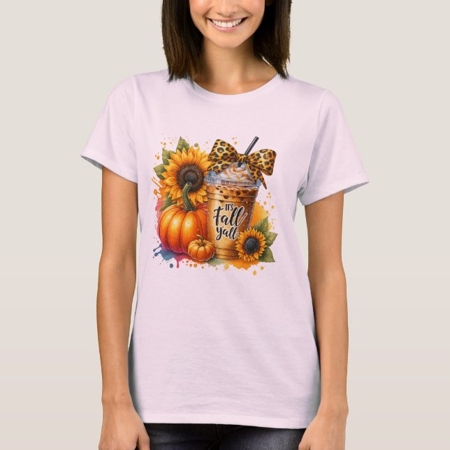 Leopard Bow Coffee med Pumpkins T Shirt (Framsida)