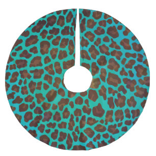 Leopard Brown och Teal Print Julgransmatta Borstad Polyester