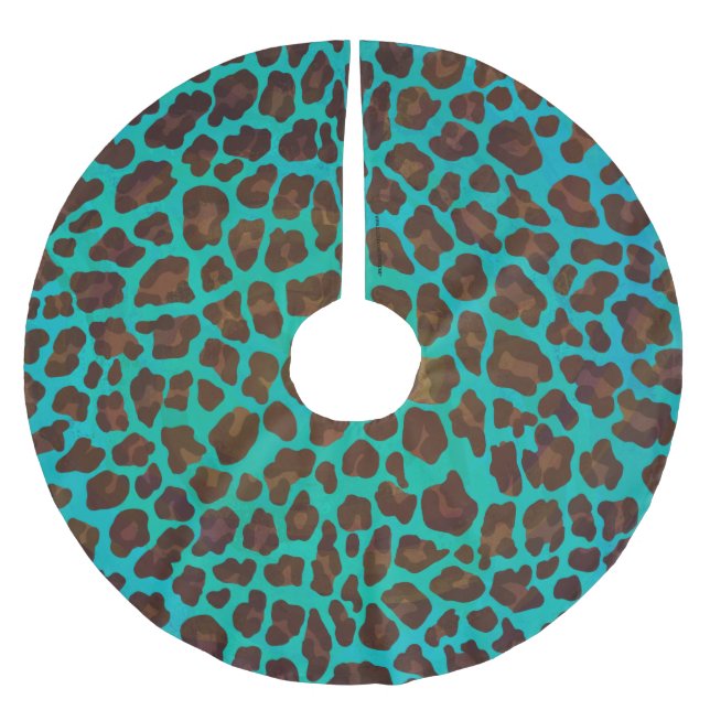 Leopard Brown och Teal Print Julgransmatta Borstad Polyester (Framsidan)