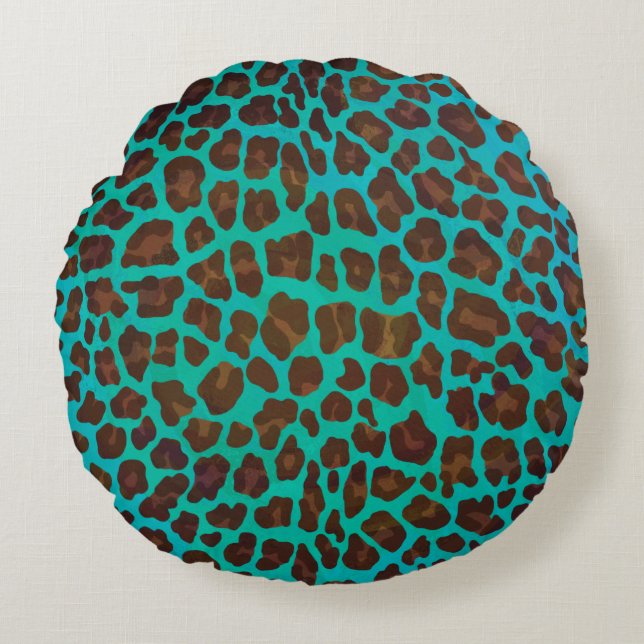 Leopard Brown och Teal Print Rund Kudde (Framsidan)