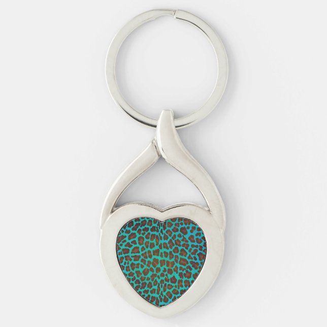 Leopard Brown och Teal Print Twisted Heart Silverfärgad Nyckelring (Framsidan)