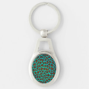 Leopard Brun och Turkos Tryck Ovalt Silverfärgad Nyckelring