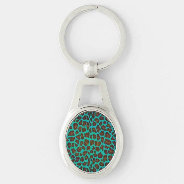 Leopard Brun och Turkos Tryck Ovalt Silverfärgad Nyckelring (Framsidan)