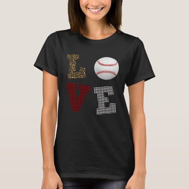 Leopard Buffalo Plaid Baseball Player Valentine s  T Shirt (Framsida)