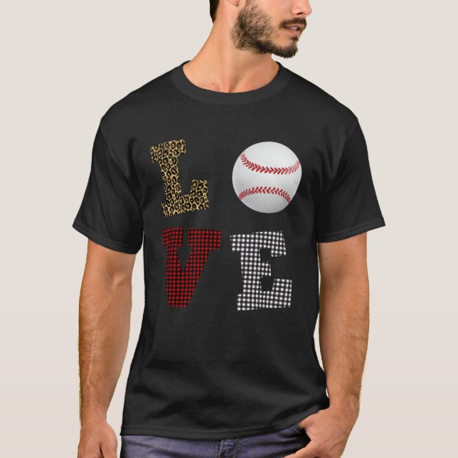 Leopard Buffalo Plaid Baseball Player Valentine s  T Shirt (Framsida)