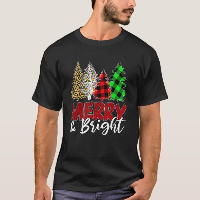 Leopard Buffalo Plaid Merry And Bright Christmas T T Shirt (Framsida)