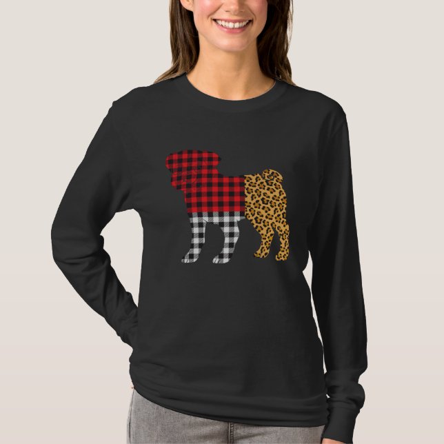 Leopard Buffalo Plaid Pug Dog  Valentine s day T Shirt (Framsida)