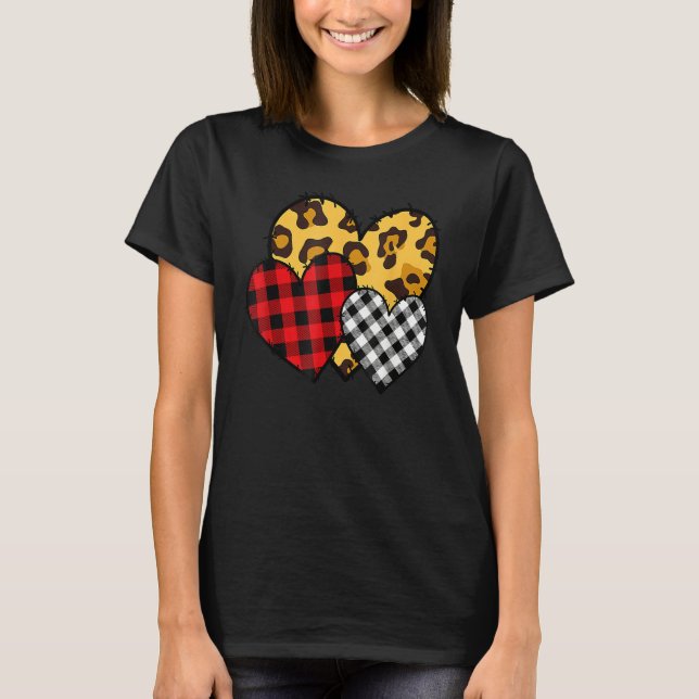 Leopard Buffalo Red Black Plaid Heart Funny Valent T Shirt (Framsida)