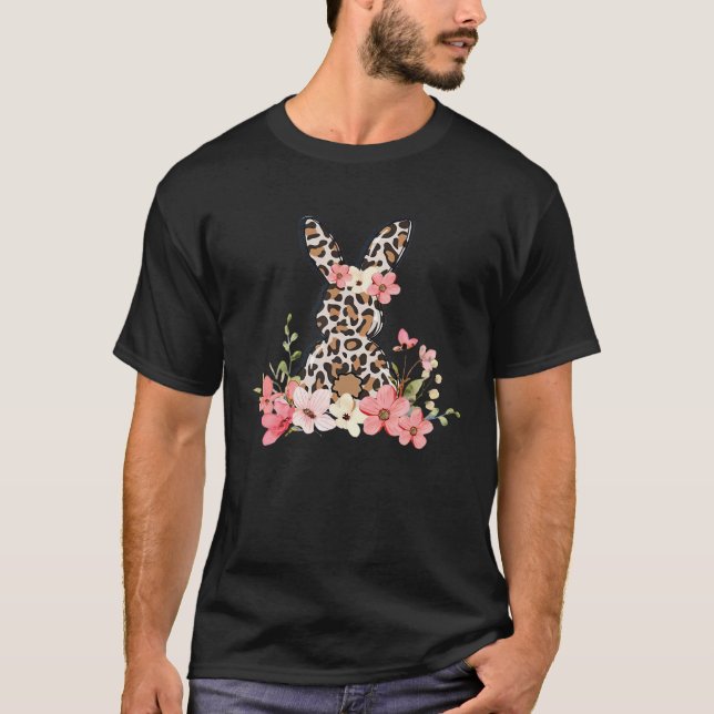 Leopard Bunny med Blommigt kanin Cute Glad påsk T Shirt (Framsida)