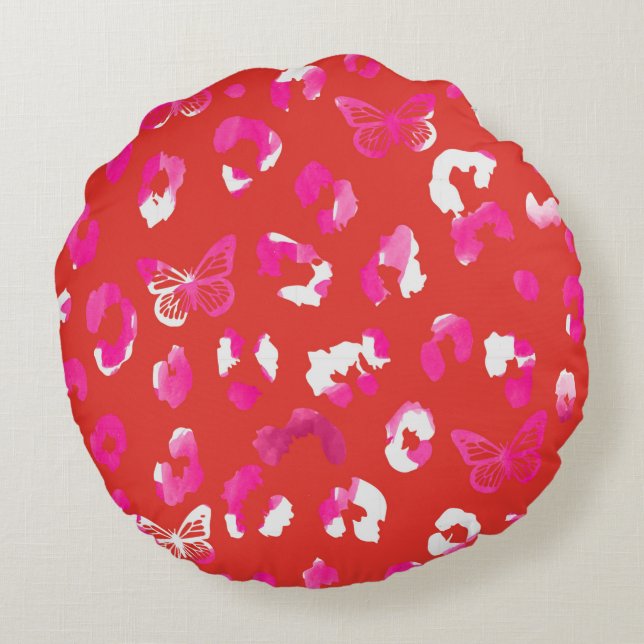 Leopard Butterfly Orange rosa Round Pillow Rund Kudde (Baksidan)