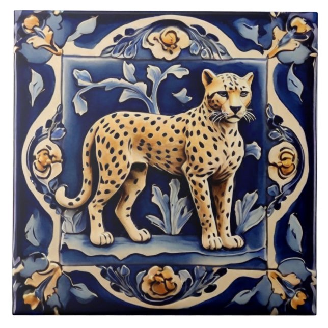 Leopard Cheetah African Safari Animals Navy Blue Kakelplatta (Framsidan)