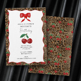 Leopard Cheetah Animal Print Cherry Girl Birthday Inbjudningar