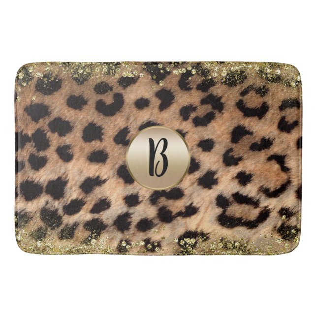 Leopard Cheetah Animal Print Guld Glitter Monogram Badrumsmatta (Framsidan)
