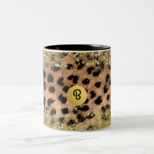 Leopard Cheetah Animal Print Guld Glitter Monogram Två-Tonad Mugg