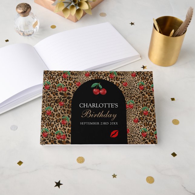 Leopard Cheetah Animal Print Red Cherry Pattern Gästböcker (Framsida öppen)