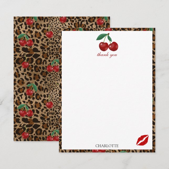 Leopard Cheetah Animal Print Red Cherry Pattern Tack Kort (Fram/baksida)