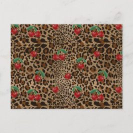 Leopard Cheetah Animal Print Red Cherry Pattern Vykort