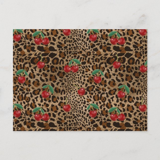 Leopard Cheetah Animal Print Red Cherry Pattern Vykort (Framsida)