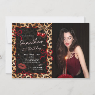 Leopard Cheetah Cherries Birthday Photo Invitation Inbjudningar