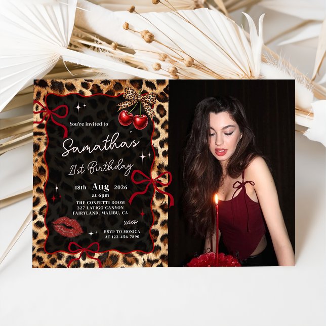 Leopard Cheetah Cherries Birthday Photo Invitation Inbjudningar (Skapare uppladdad)