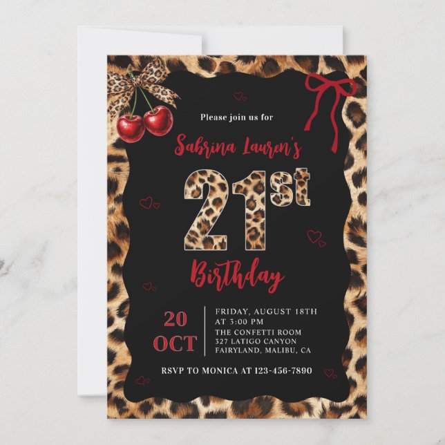 Leopard Cheetah Cherry 21st Birthday Invitation Inbjudningar (Framsida)
