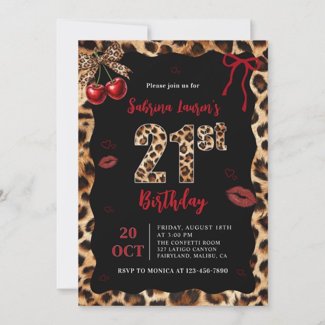 Leopard Cheetah Cherry 21st Birthday Invitation Inbjudningar (Framsida)