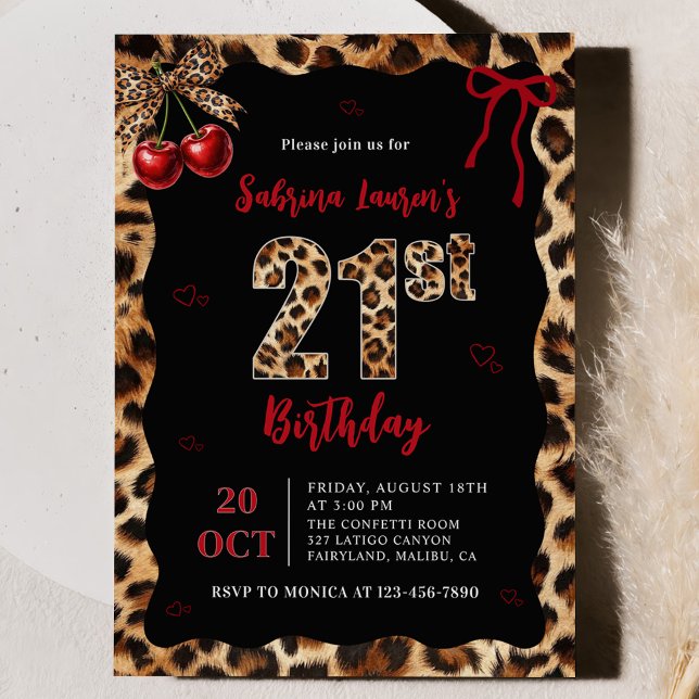 Leopard Cheetah Cherry 21st Birthday Invitation Inbjudningar (Skapare uppladdad)