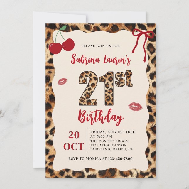 Leopard Cheetah Cherry Birthday Inbjudningar (Framsida)
