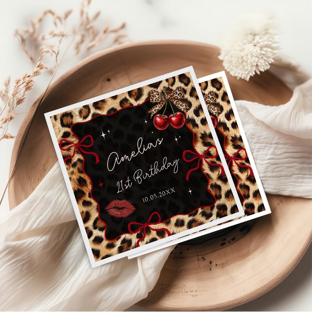 Leopard Cheetah Cherry Birthday Party Napkins Pappersservett (Skapare uppladdad)