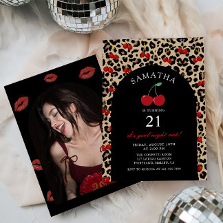 Leopard Cheetah Cherry Birthday Photo Invitation Inbjudningar