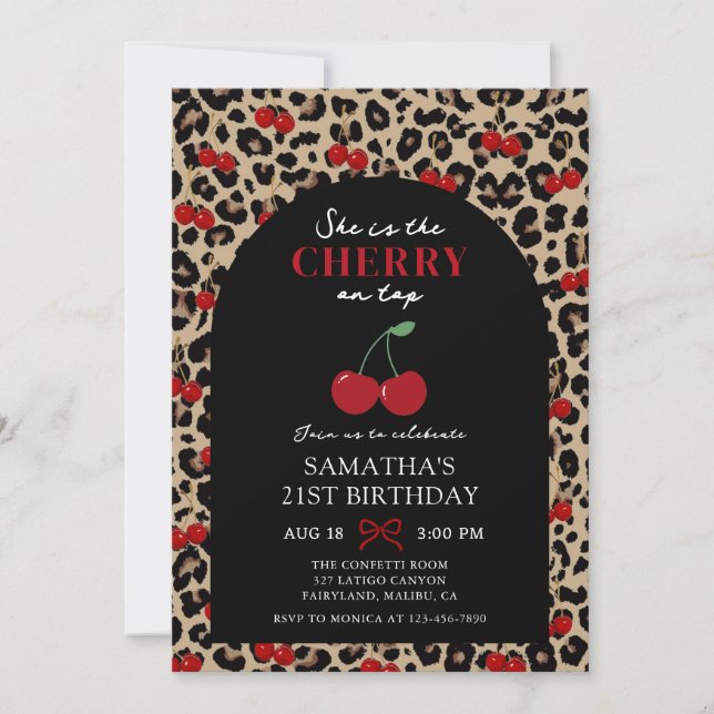 Leopard Cheetah Cherry On Top Birthday Invitation Inbjudningar (Framsida)