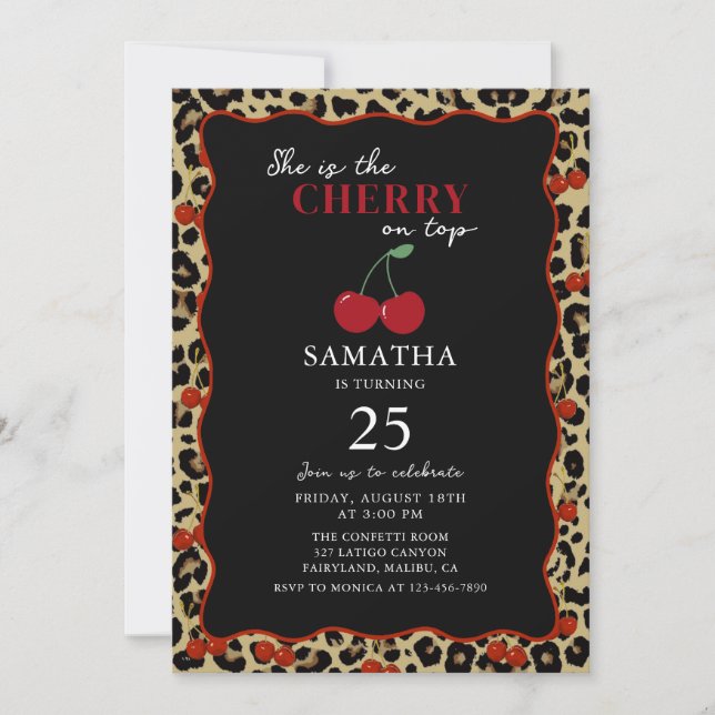 Leopard Cheetah Cherry On Top Birthday Invitation Inbjudningar (Framsida)