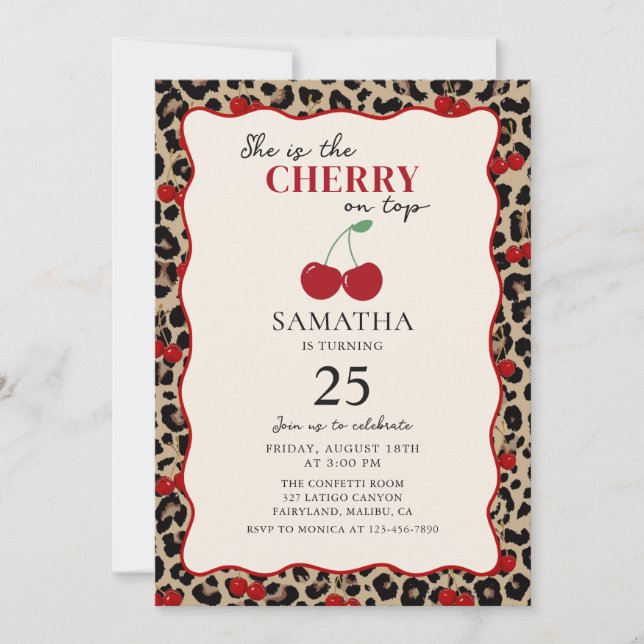 Leopard Cheetah Cherry On Top Birthday Invitation Inbjudningar (Framsida)
