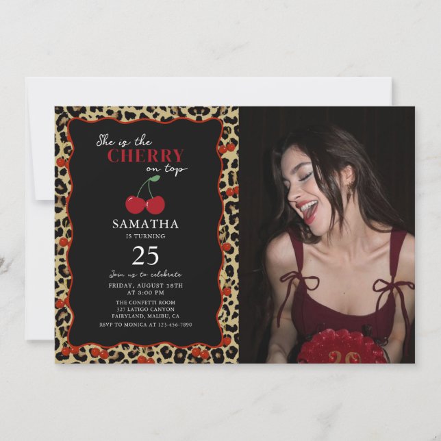 Leopard Cheetah Cherry On Top Birthday Photo Inbjudningar (Framsida)