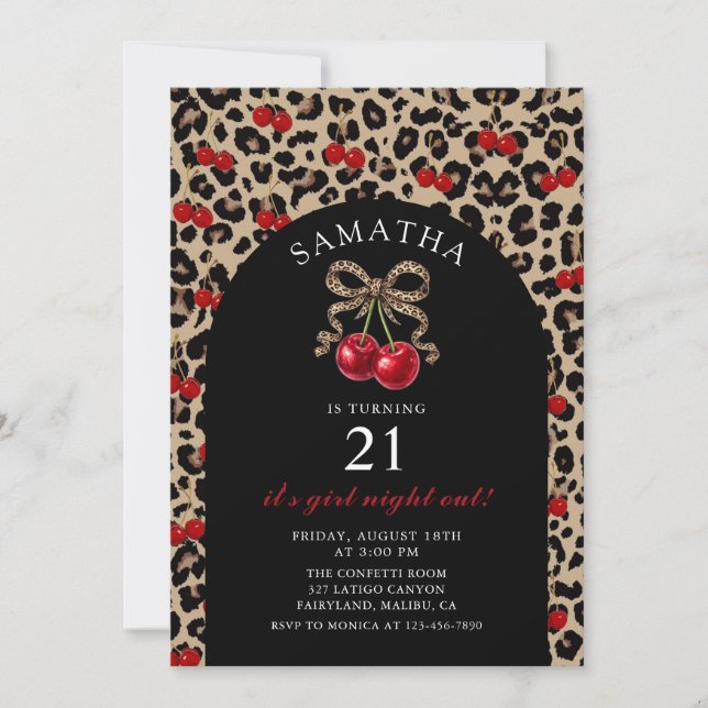 Leopard Cheetah Coquette Cherry Birthday Inbjudningar (Framsida)