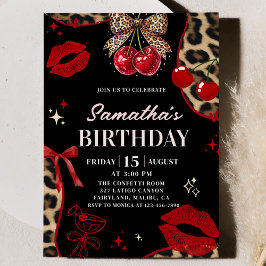 Leopard Cheetah Coquette Cherry Birthday Inbjudningar