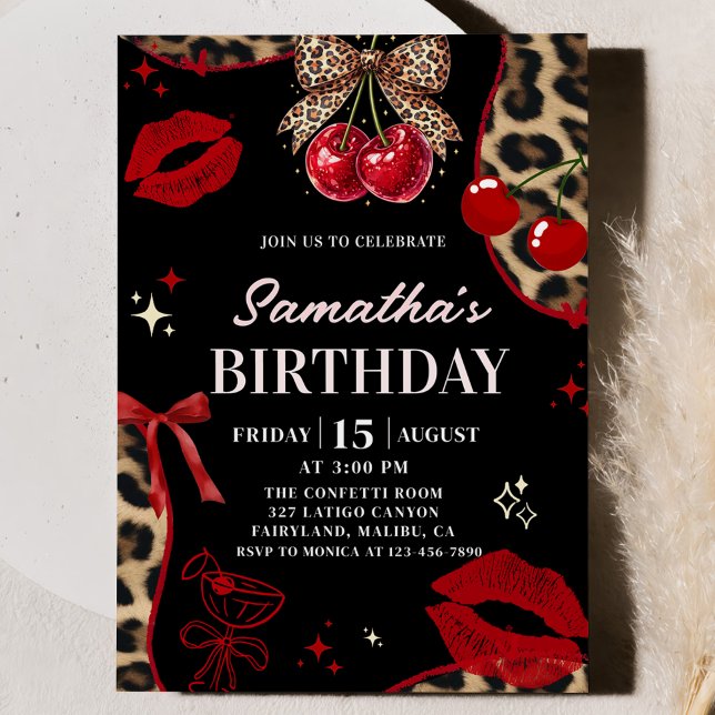 Leopard Cheetah Coquette Cherry Birthday Inbjudningar (Skapare uppladdad)
